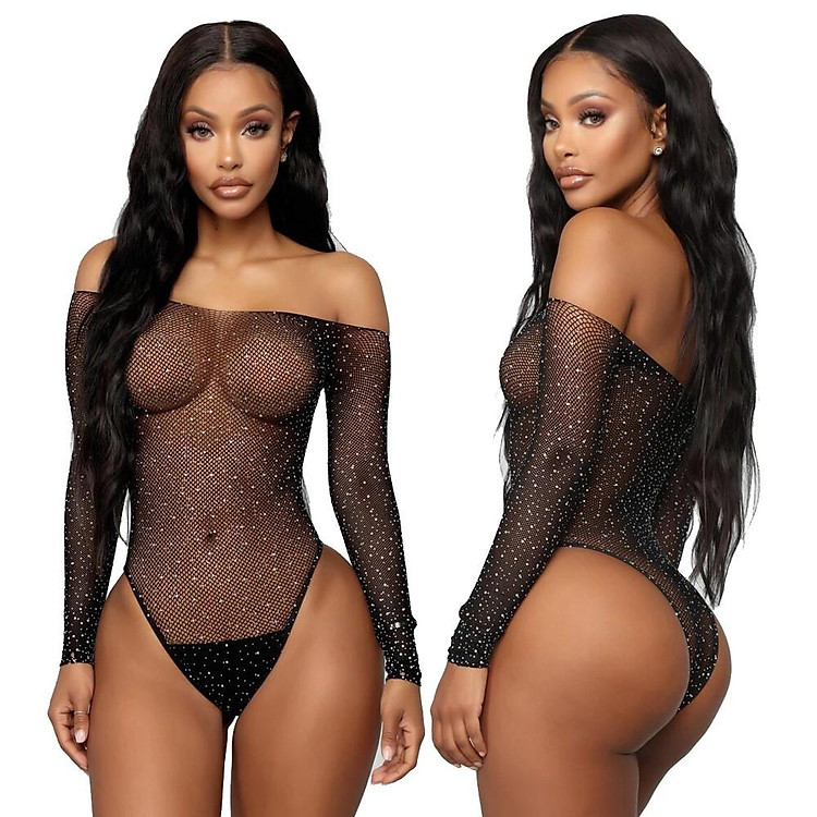 Áo ngủ liền thân trễ vai trong suốt sexy, bodysuit tay dài đính hạt gợi cảm TK2090