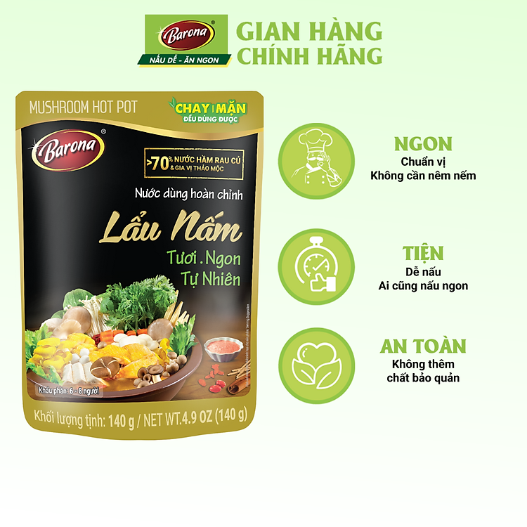 Combo 1 hộp (10 gói) Nước dùng Lẩu Nấm Barona 140g, Chay mặn đều dùng được, tươi ngon chuẩn vị không cần nêm nếm