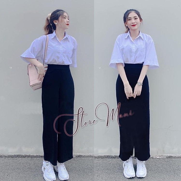 Quần tây ống rộng nữ đi học lưng cao khoá sườn dáng suông vải tuyết mưa màu đen học sinh sinh viên cực tôn dáng