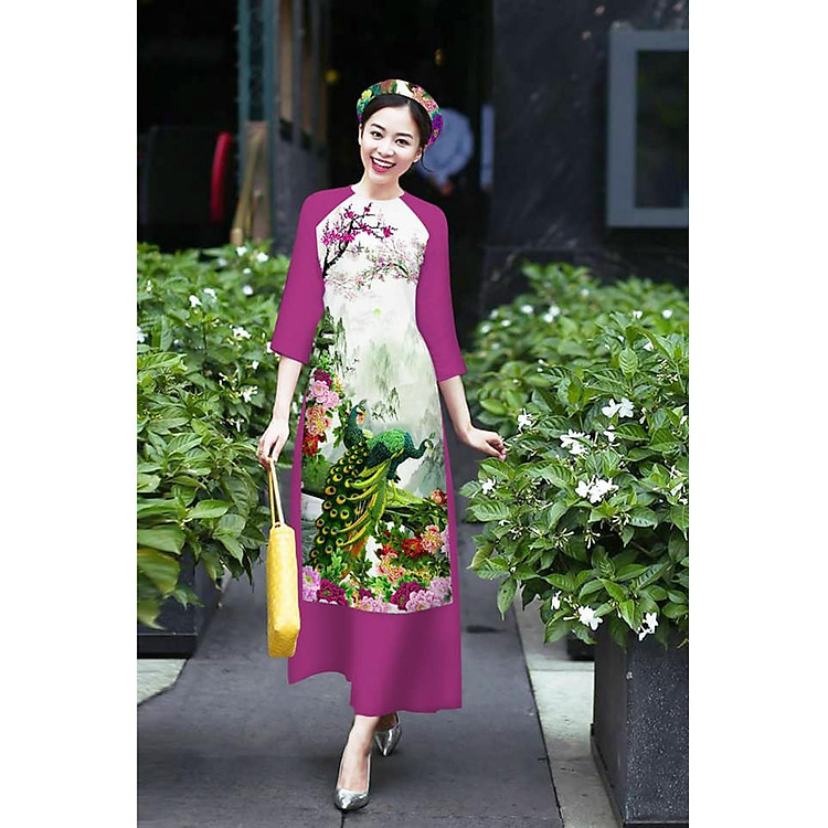 SET ÁO DÀI CÁCH TÂN IN CHIM CÔNG KÈM MẤN