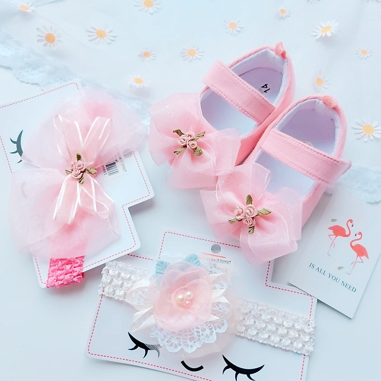 Bộ Giày Tập Đi Bé Gái + 2 Băng Đô Xinh Xắn Màu Hồng - Bé Từ 0 -1 2 tháng.