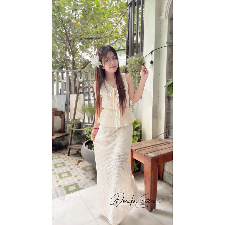 Set len váy dài cột nơ siêu hot