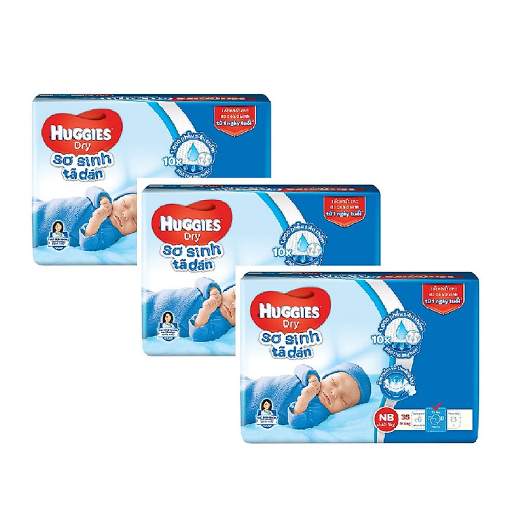 3 Gói Tã Dán Sơ Sinh Huggies Dry Newborn NB36 (36 Miếng) - Bao Bì Mới