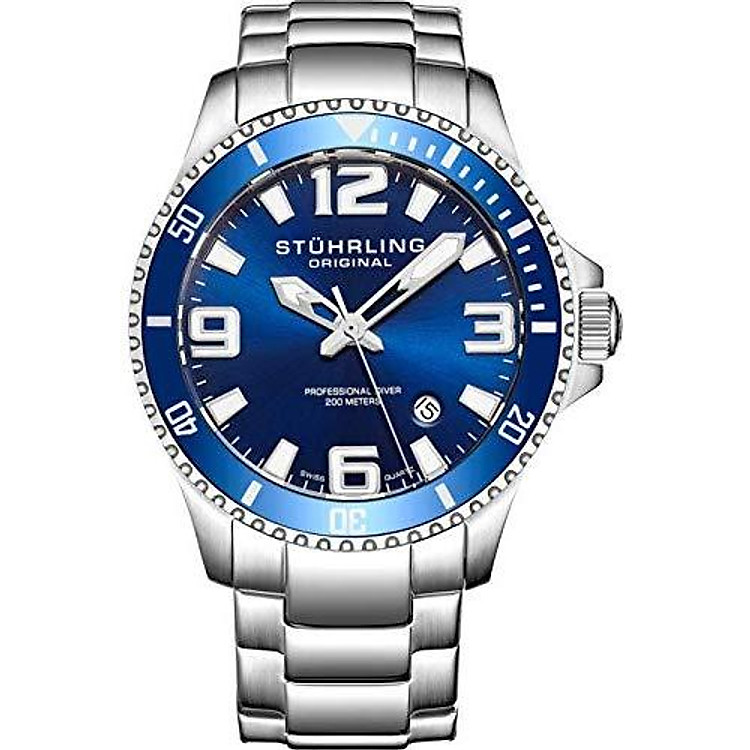 Stuhrling Original Mens Swiss Quartz Stainless Steel Sport Analog Dive Watch, Water Resistant 200 Meters, Blue/Black Dial, Aqua-Diver