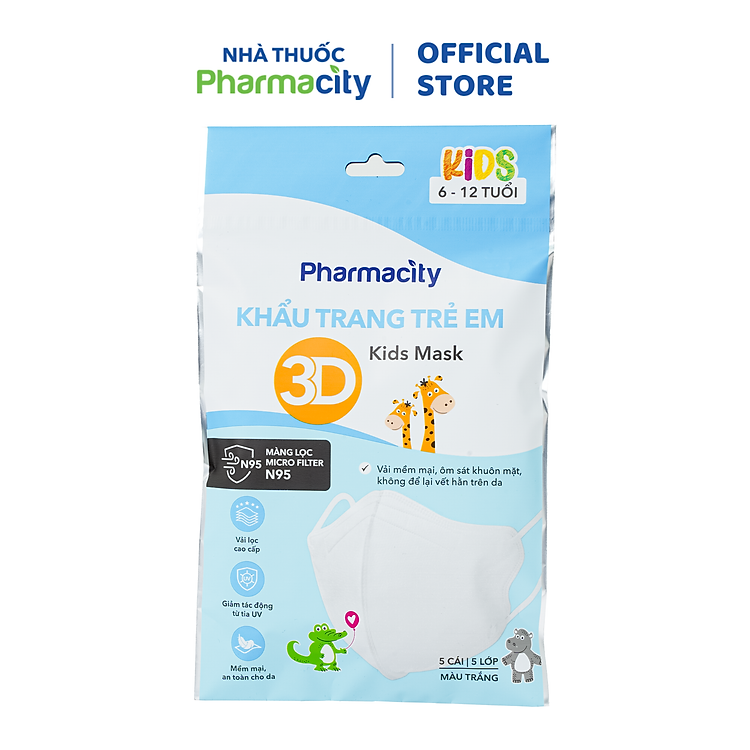 Khẩu trang 3D trẻ em 6-12 tuổi Pharmacity (Gói 5 cái)
