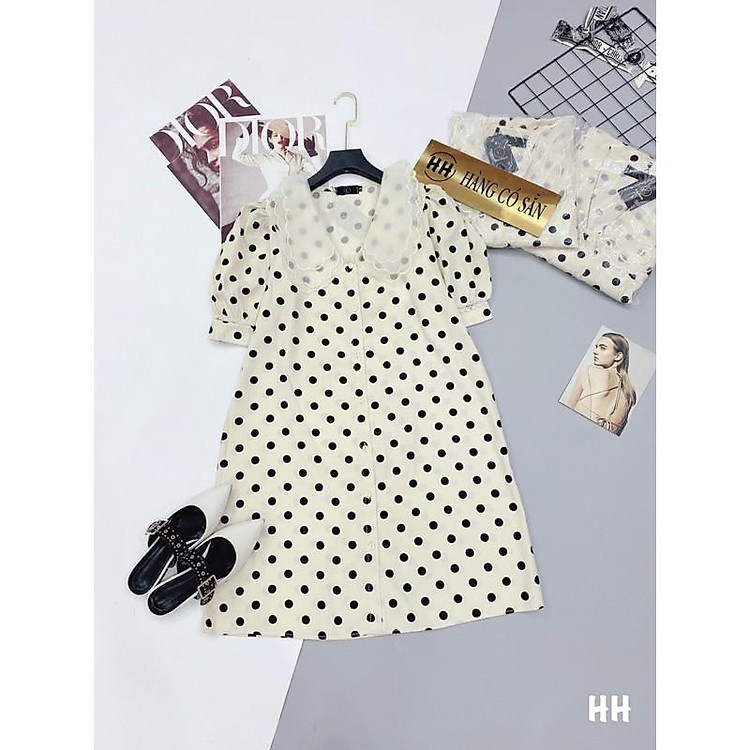 Váy chấm bi cổ tơ cho bạn gái, đầm chấm bi đen trắng cho nữ