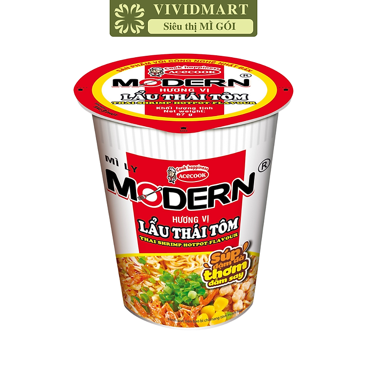 ACECOOK - Mì ly Modern hương vị Lẩu thái tôm, Mì ly lẩu thái tôm Modern ăn liền, Mì Modern ly ăn liền (67g/ly)