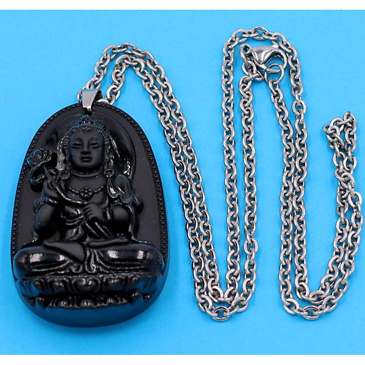 Dây chuyền mặt Đại Thế Chí Bồ Tát - thạch anh đen 5cm DITTEN4 - dây inox - tuổi Ngọ