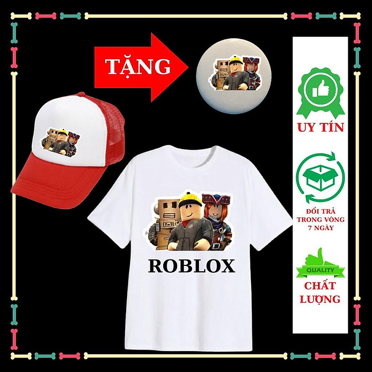 Áo thun bé trai game Roblox, chất vải đẹp, đủ size áo, mũ lưới phong cách, thời trang, kèm huy hiệu cho bé.