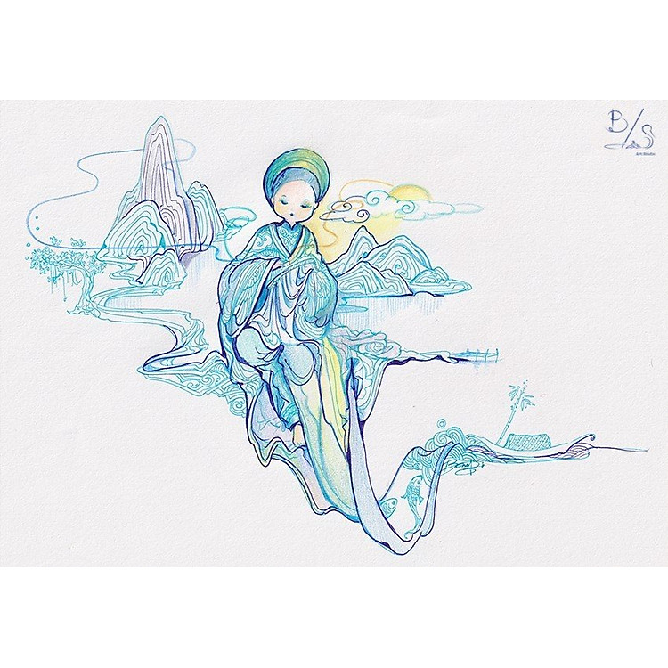 Tranh in treo tường nghệ thuật "Nghệ Nhân Thêu Non Nước" - Tranh trang trí treo tường phòng ngủ, phòng khách, trang trí góc học tập, làm việc