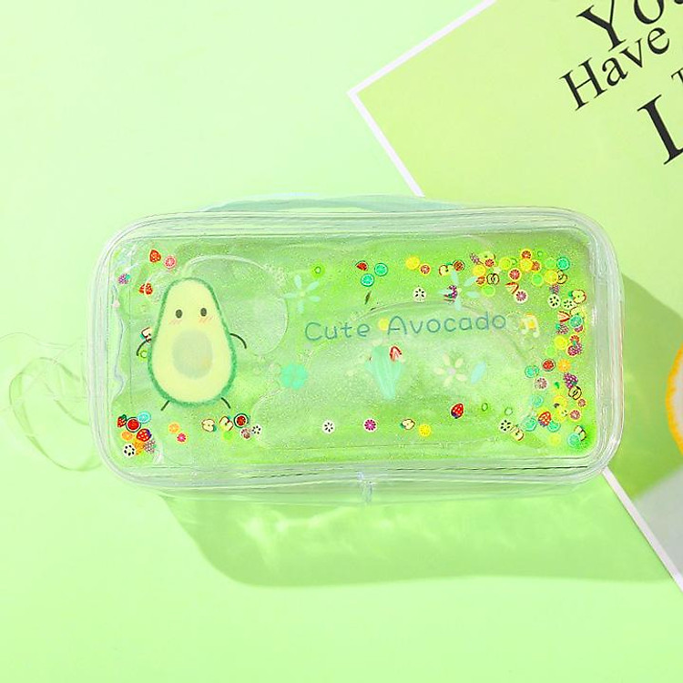 Hộp bút nhựa trong suốt hình quả bơ xanh nhũ kim tuyến nước - nhiều mẫu