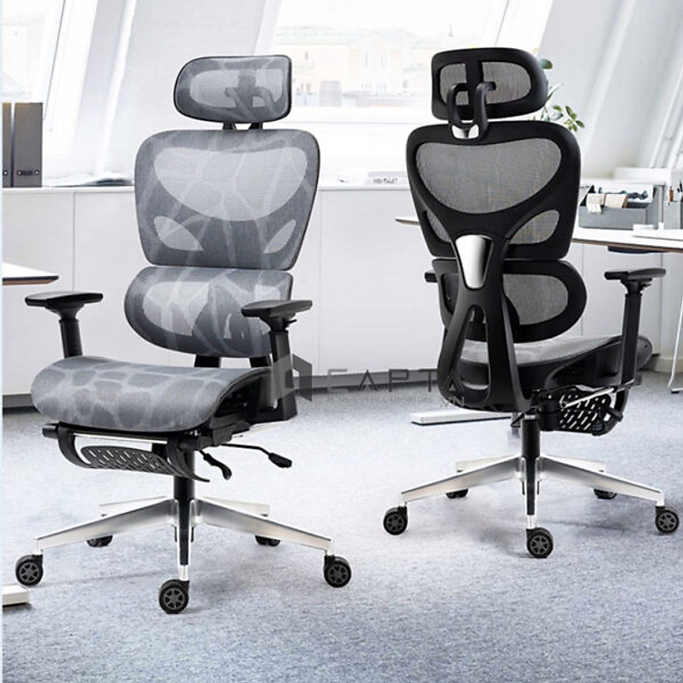 Ghế công thái học CR4320-M Nội thất Capta Ghế ngồi làm việc tại nhà hỗ trợ cột sống có gác chân lưng và nệm lưới tay nhựa PU mềm chữ T chân xoay thép mạ chrome