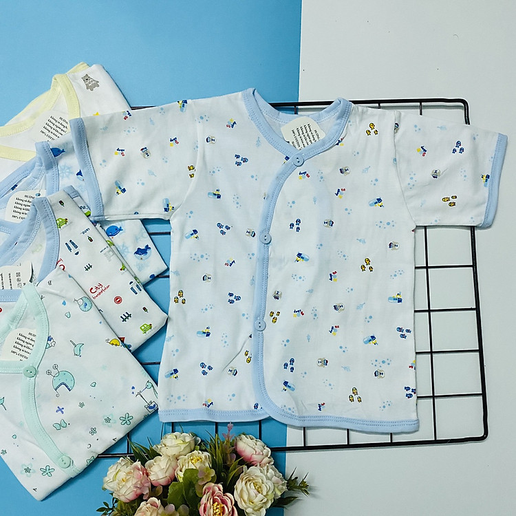 Set 5 áo sơ sinh cotton Tay Ngắn cài Xéo Họa Tiết JOU-Tomtom Baby cho bé trai, bé gái