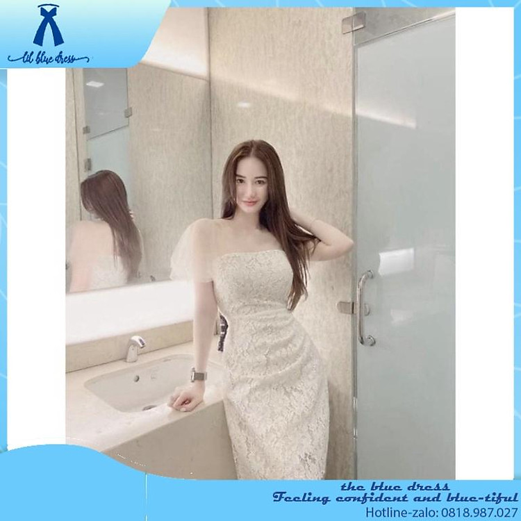 Quảng Châu Đầm ren trắng dự tiệc phối lưới cao cấp ladyxanh chiết eo tôn dáng giấu bụng