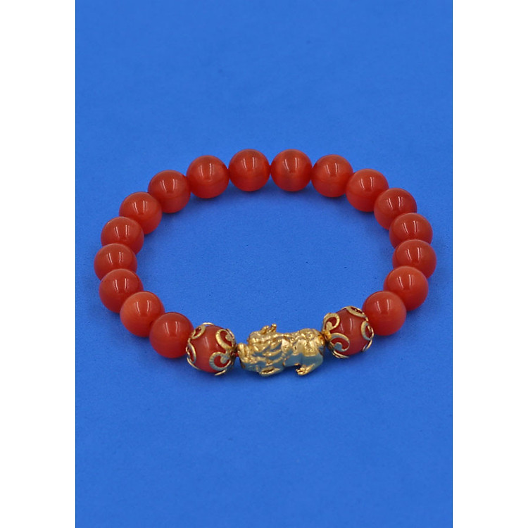 Vòng tay Đá Mắt Mèo Đỏ 8 ly - cẩn Tỳ Hưu Phong Thủy inox vàng VMEOTHHKV8 - hợp mệnh Hỏa, mệnh Thổ