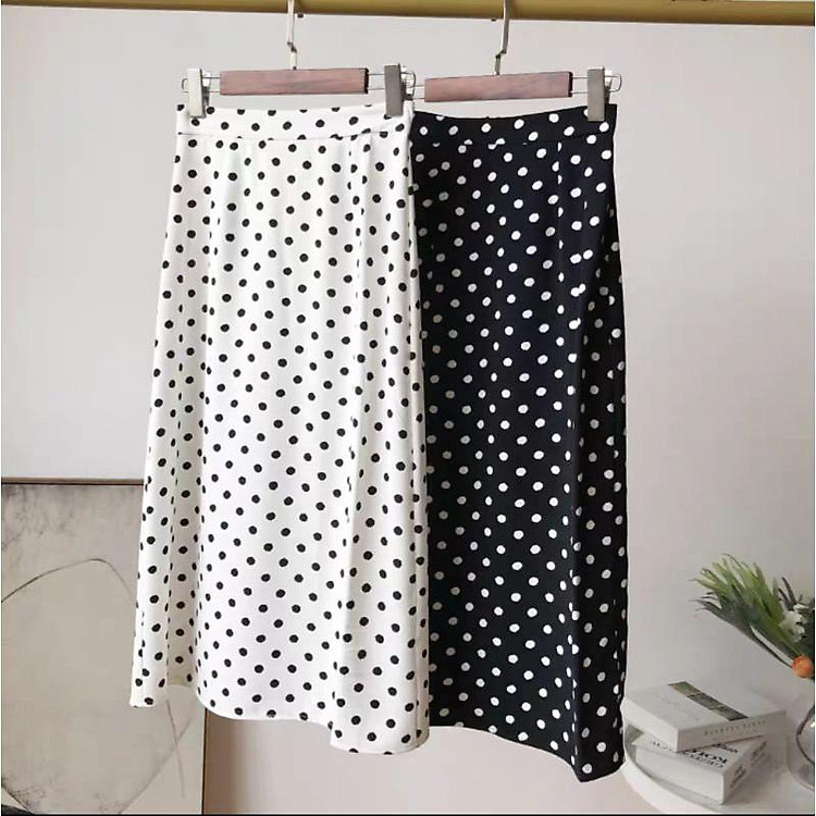 chân váy midi hoạ tiết chấm bi may 2 lớp