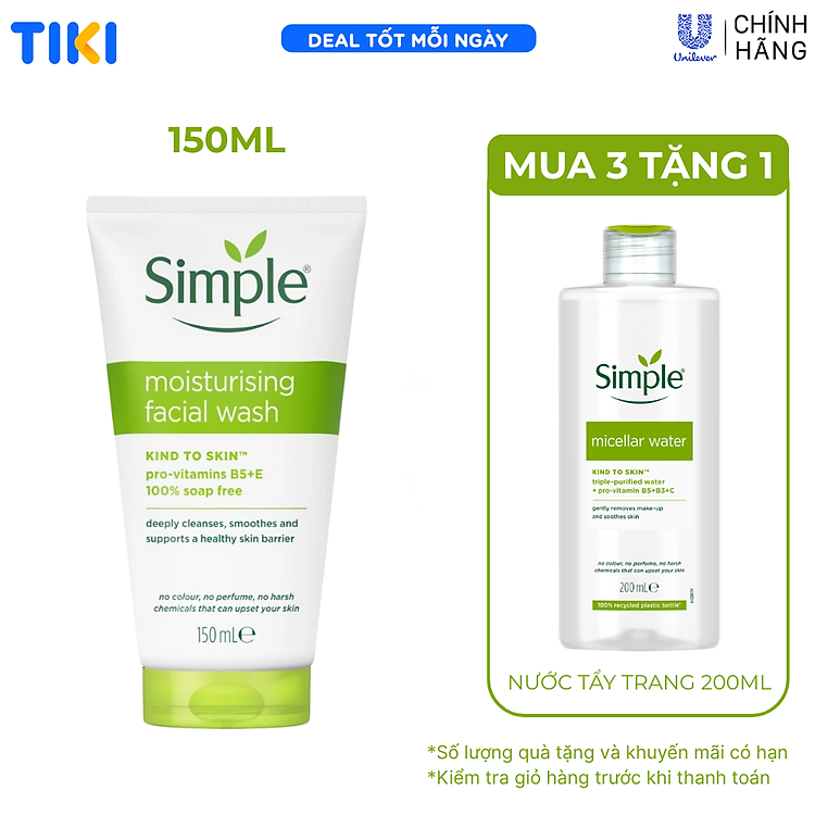 Sữa rửa mặt Simple giúp cấp ẩm, da trông khỏe và mịn màng – cho da khô nhạy cảm 150ml