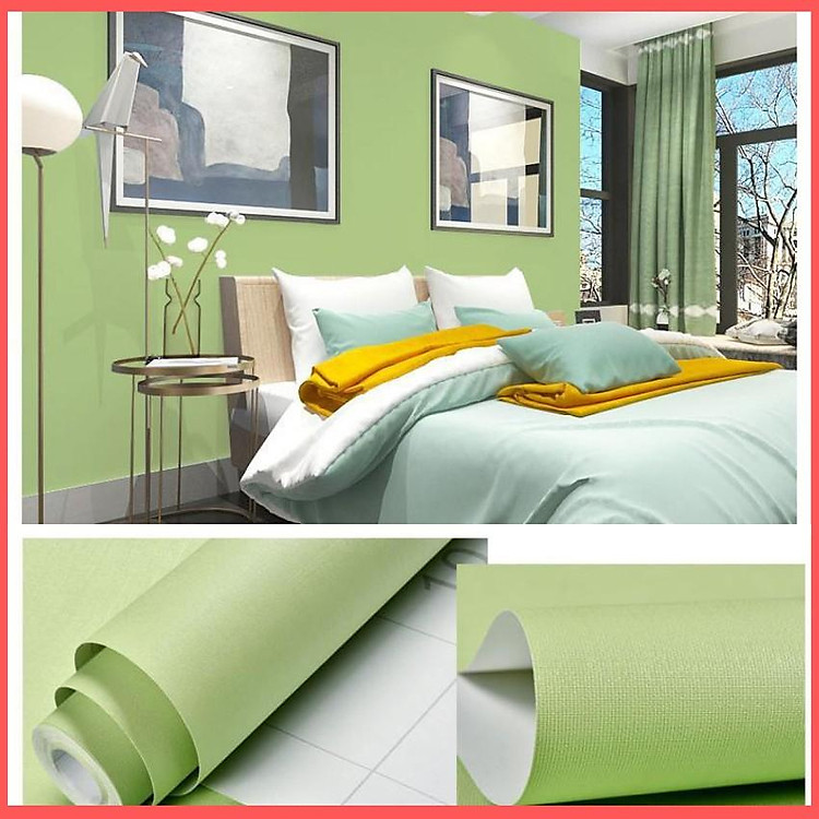 Giấy dán tường màu xanh lá cây có keo sẵn khổ rộng 45cm, giấy decal dán tường màu xanh lá nhạt mặt nhám
