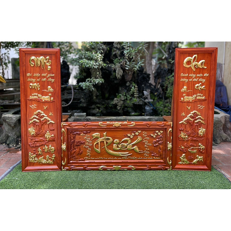 Combo cặp tranh câu đối khắc chữ cha mẹ +với tranh chữ hiếu bằng gỗ hương đỏ và được sơn son dát vàng cao cấp
