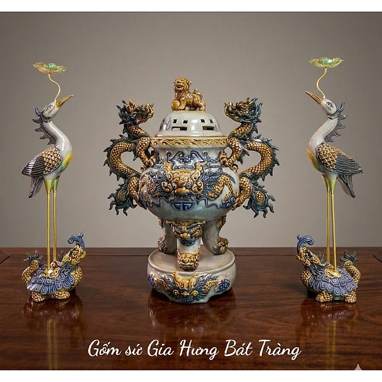 Bộ Đỉnh hạc Tam sự Chân đồng Men rạn Đắp nổi - Gốm sứ Bát Tràng