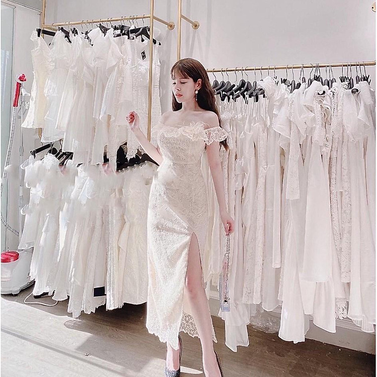 Váy Ren Trễ Vai Trắng Đầm dự tiệc màu trắng và màu kem đầm trễ vai đầm ren ETC0