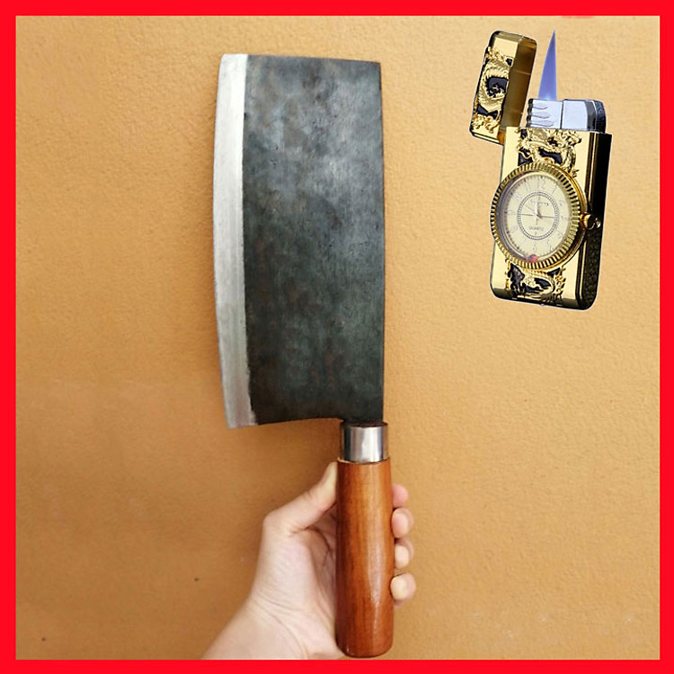 Combo Dao Phở Thái Kiểu Dáng Nhật PT-01 Làm Bằng Nhíp Ô Tô, Cán Gỗ Lim Cao Cấp + Tặng Bật Lửa Khò Kiêm Đồng Hồ Cầm Tay ( Màu Ngẫu Nhiên )