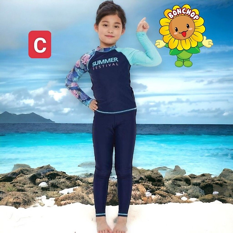 Đồ bơi cho bé gái dài tay từ 10-39kg - đồ bơi trẻ em chất liệu vải polyester tay áo in hoa