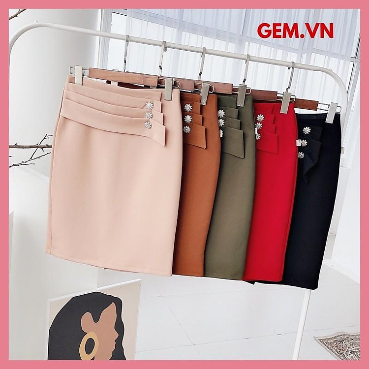 Chân váy che bụng mỡ tốt, đầm thời trang công sở đính cúc đá thủ công có đủ size