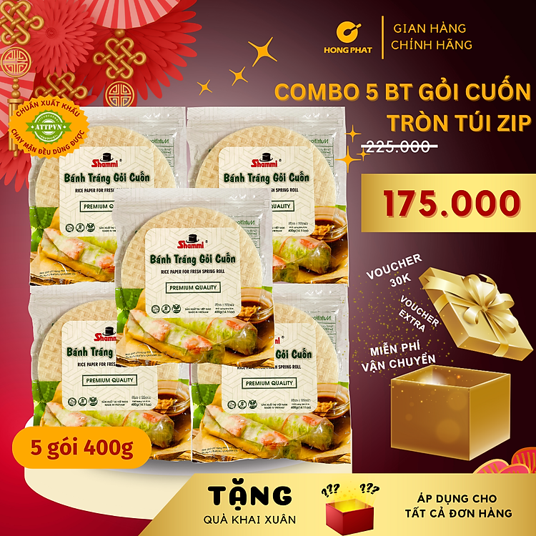 Combo 5 Bánh tráng gỏi cuốn Shammi tròn size 22cm túi 400g (Bánh tráng cuốn xuất khẩu)
