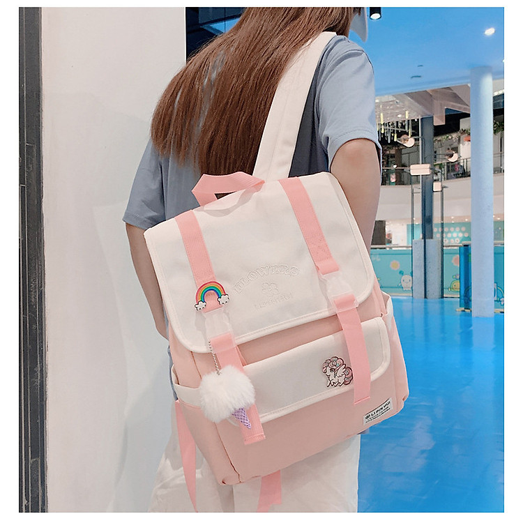 Balo nữ thời trang, balo ulzzang đi học 2 nịt hồng.