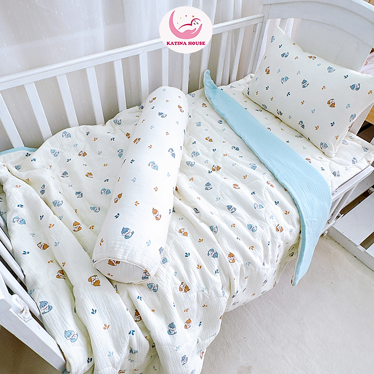 Combo trọn bộ chăn gối nệm 5in1 cho bé Katina House, chất vải muslin mềm nhẹ, thoáng khí, thấm hút tốt