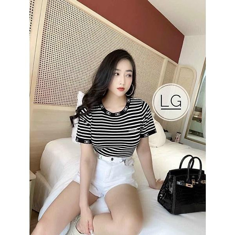 Áo len dệt kim cộc tay chữ X cổ tròn kẻ ngang hàng QC