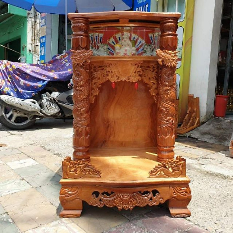 Bàn thờ thần tài ông địa gỗ căm xe ngang 60 cm cột trụ 10 cm điện tử