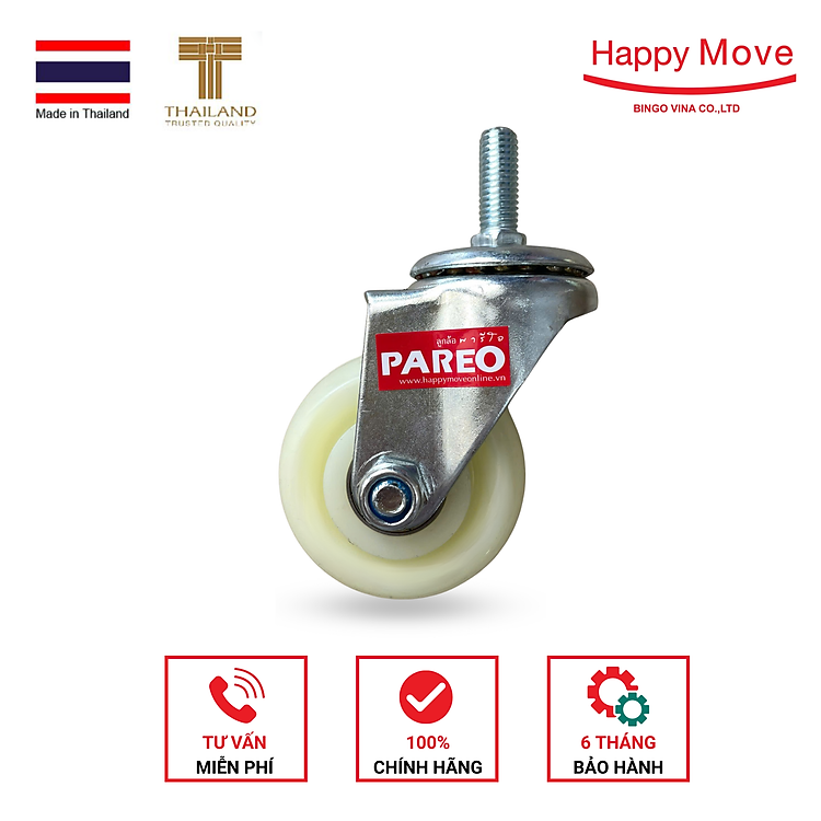 Bánh xe đẩy hàng nhựa PP trắng ty ren M12 - Pareo, bánh - 75mm - 100mm