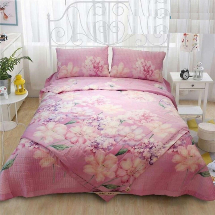 Set chăn ga gối trần bông 100% tencel - Hoa Hồng - Tặng kèm 1 móc khóa Houston