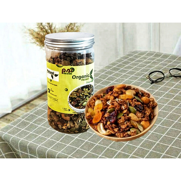 Granola 8 loại hạt óc chó Đỏ, hạnh nhân, hạt điều, hạt bí, hướng dương, yến mạch, nho vàng, nam việt quất