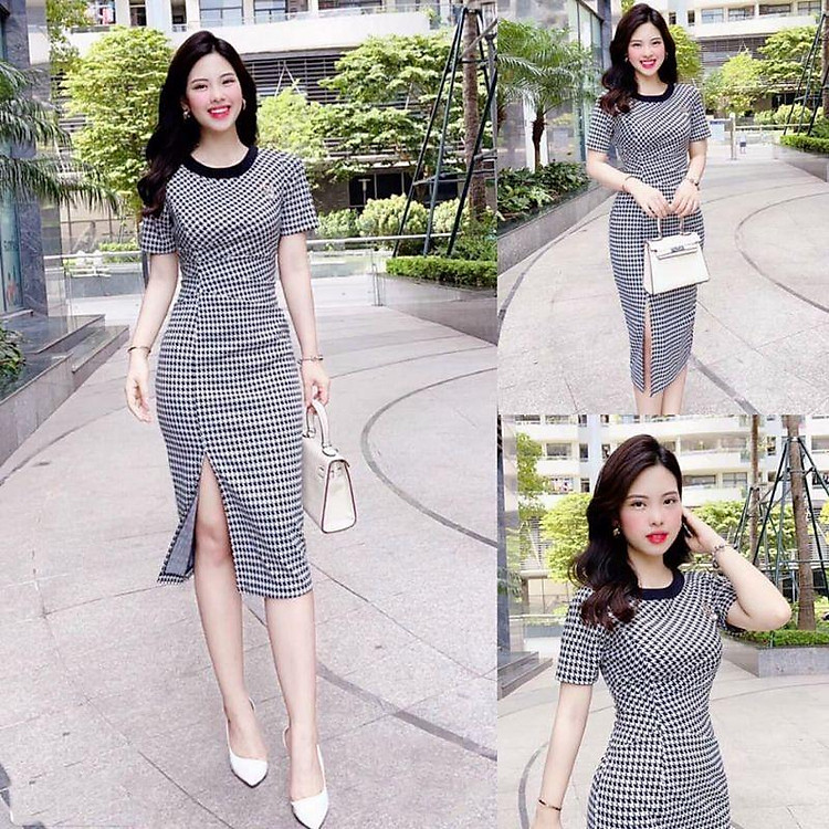 Váy đầm ôm body xẻ tà cổ viền đen duyên dáng sang trọng giá rẻ đẹp mẫu mới siêu hot Thời Trang Tina