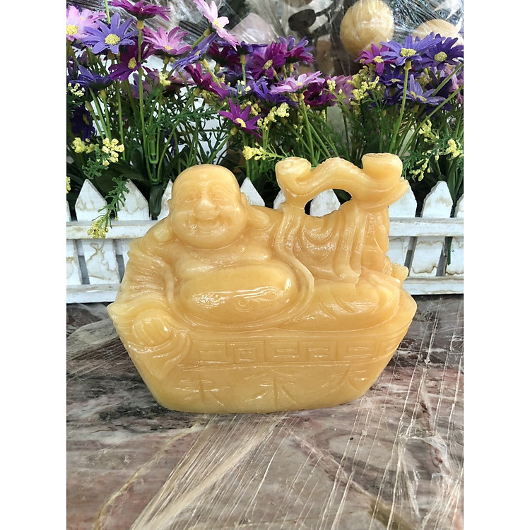 Tượng Phật Di Lặc ngồi trên thỏi vàng cầm gậy như ý phong thủy đá ngọc hoàng long - Dài 15 cm