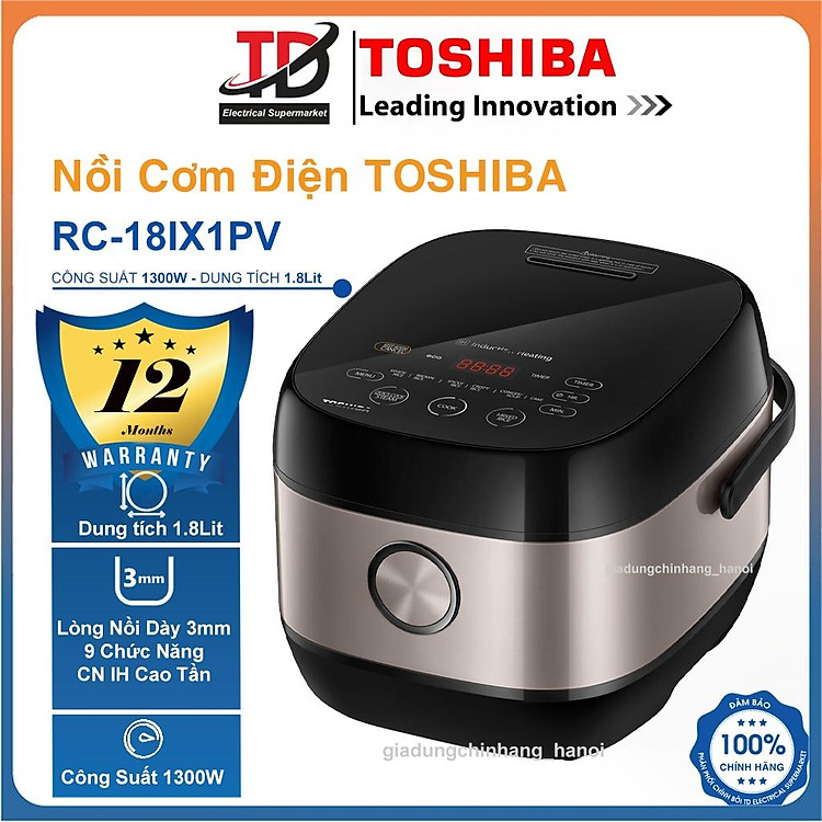 Nồi Cơm Điện Cao Tần Toshiba 1.8 lít RC-18IX1PV, 1300w Lòng Nồi Dầy Dặn, Hàng Chính Hãng