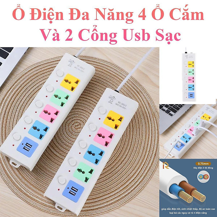 Ổ Điện Thái Lan Đa Năng 4 Ổ Cắm Và 2 Cổng Usb Sạc Dây Dài 1M5 Tiện Dụng