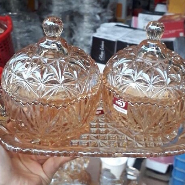 Combo 2 hũ đựng mứt kèm khay thủy tinh cao cấp