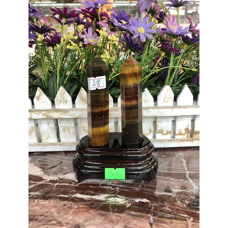 Trụ đôi đá phong thủy trấn trạch đá Fluorite vàng trổ bông tím