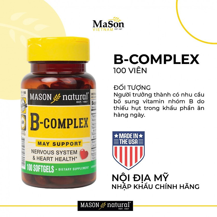 Viên uống Bổ sung vitamin nhóm B cho cơ thể Mason Natural B-Complex – 100 viên