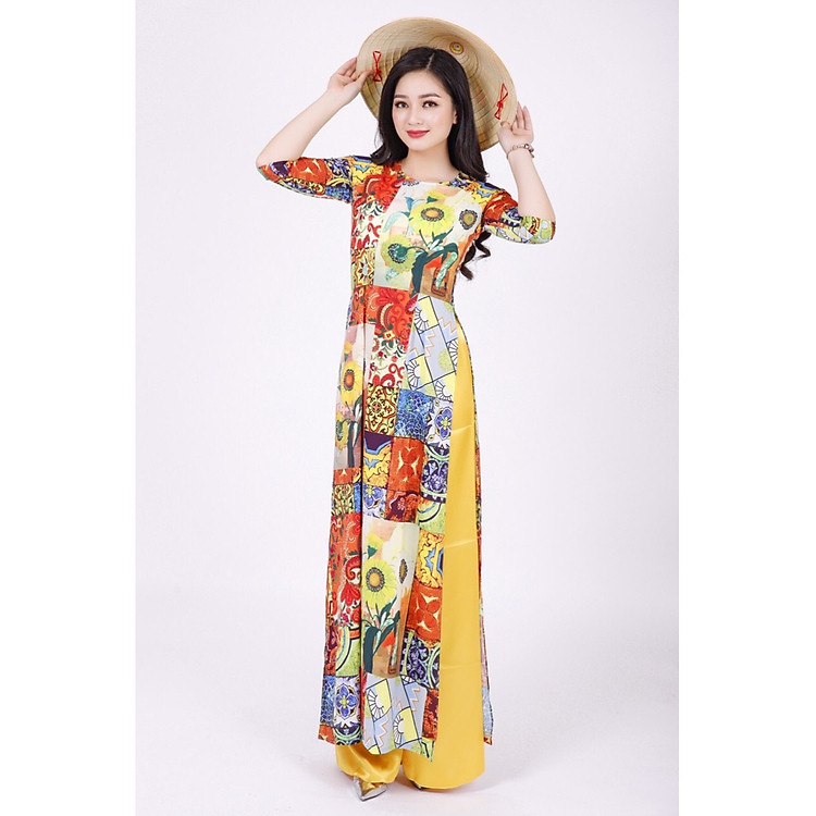 Áo Dài Truyền Thống Kiểu Set Áo Dài Tay Lỡ Cổ Tròn In 3D Hoa Hướng Dương ROMI 3173