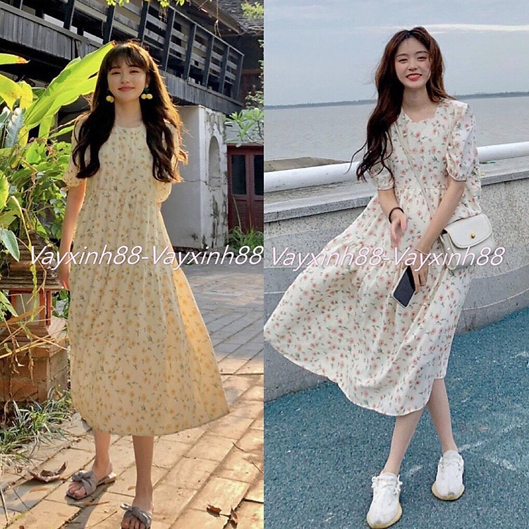 Váy babydoll hoa nhí dáng dài nàng thơ (Hàng sẵn)