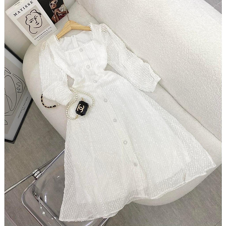 ĐẦM MIDI VOAN BI TRẮNG CỔ VUÔNG