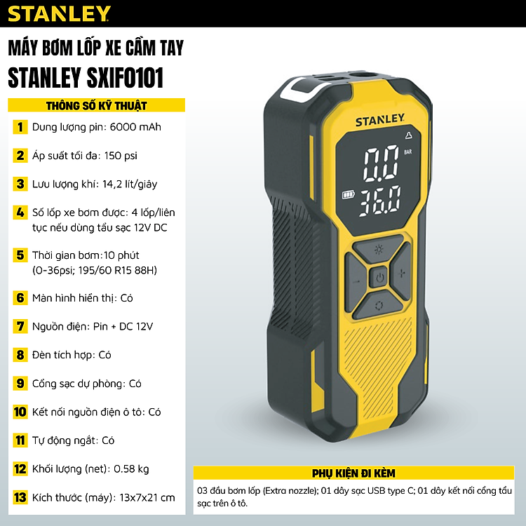 Dụng cụ đa năng STANLEY Model SXIF0101 bơm xe, đèn pin Led, sạc dự phòng - Hàng chính hãng