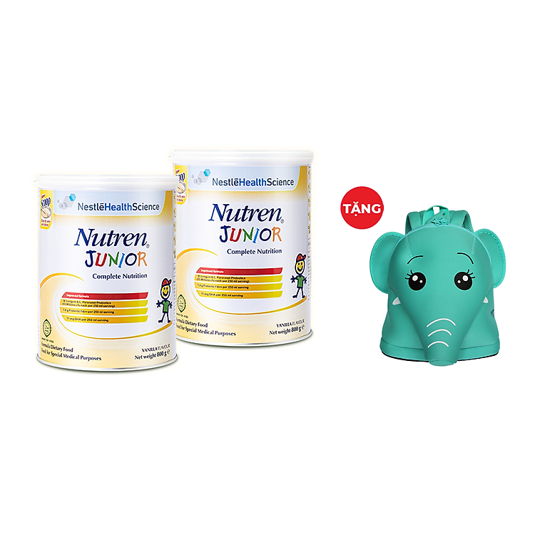 Combo 2 lon thực phẩm dinh dưỡng Nutren Junior Thụy Sĩ hỗ trợ tăng cân tiêu hóa tốt cho trẻ từ 1 đến 10 tuổi 800g/lon - Tặng Balo con voi xanh