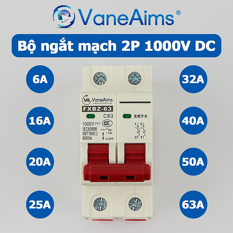 Bộ ngắt mạch VaneAims CB DC 2P 1000V điện một chiều FXBZ-63 chuyên dụng cho điện Năng Lượng Mặt Trời