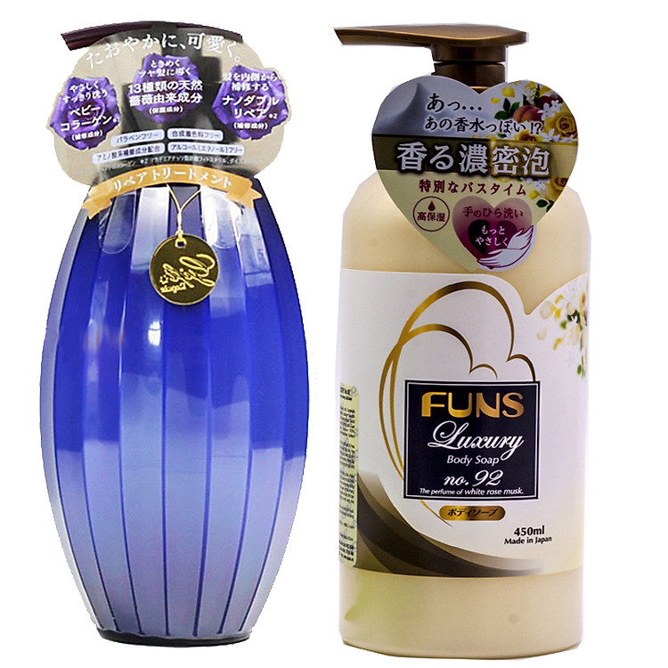 Combo 1 Sữa Tắm Trắng Da Chống Lão Hóa Tinh Chất Hoa Hồng Nhật Bản FUNS LUXURY NO.92 450ML + 1 Chai Dầu Gội Phục Hồi Tóc Hư Tổn Dưỡng Tóc Chắc Khỏe Bóng Mượt GIFT REPAIR 500ML